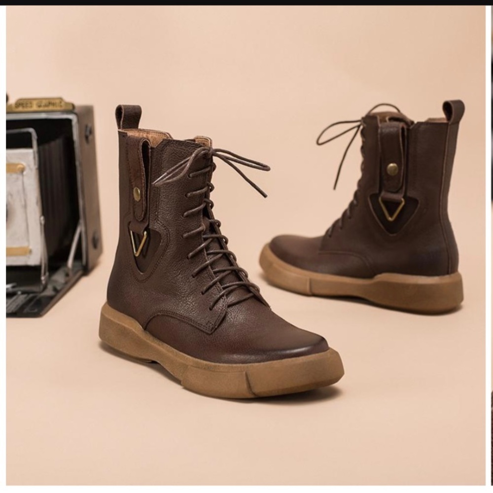 Leather Martin Boots-Retro Chunky Riding Boots Side Heart Shape